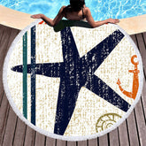 Aperturee - Aperturee Navy Blue Starfish With Anchor Round Beach Towel